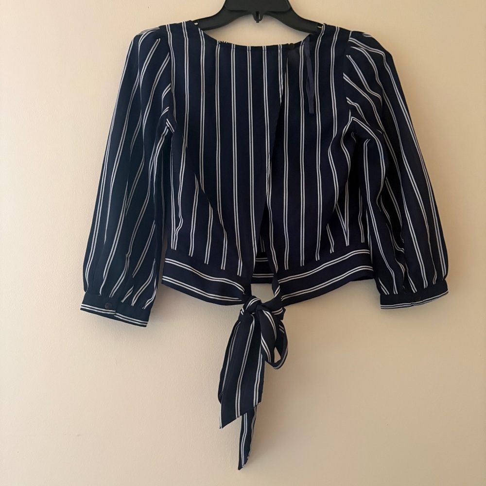Japna Navy White Striped Back Tie Blouse XS Puff Sleeve V Neck - Picture 2 of 3